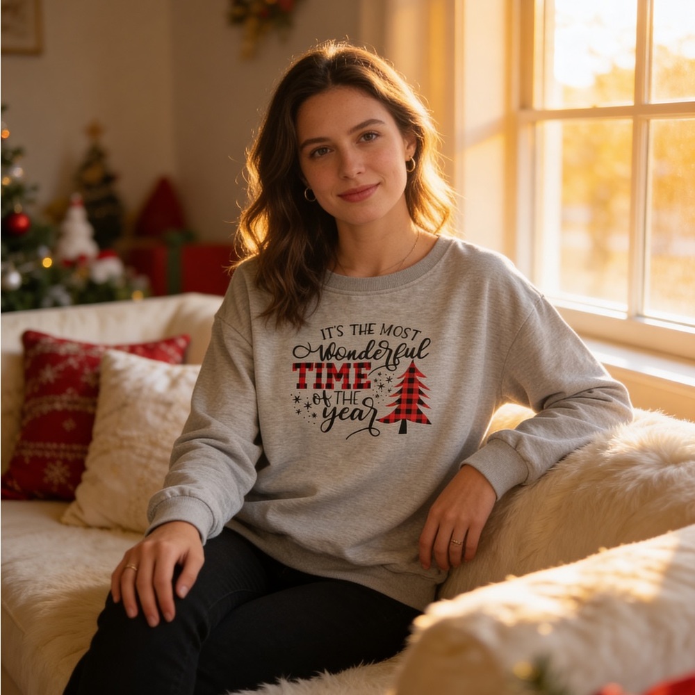 Cozy Gray Sweatshirt with Red Holiday Print